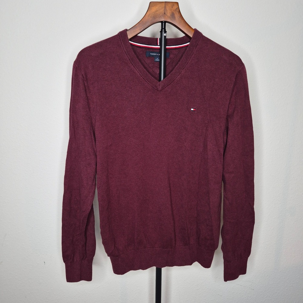 Tommy Hilfiger V-Neck Cotton Sweater Burgundy Red Flag Logo Size M Academia